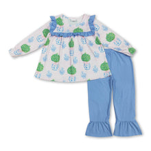 Load image into Gallery viewer, Pink plaid blue bow ruffle tunic pants girls clothes
