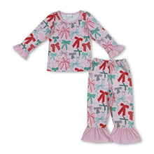 Load image into Gallery viewer, Pink long sleeves colorful bows girls Christmas pajamas