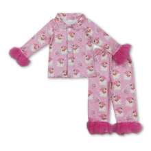 Load image into Gallery viewer, Pink fur Christmas tree santa girls button down pajamas