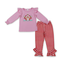 Load image into Gallery viewer, Pink candy cane house top plaid pants girls Christmas clothes