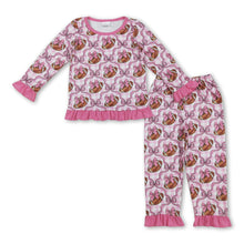Load image into Gallery viewer, Pink ruffle long sleeves plaid bow football kids girls pajamas