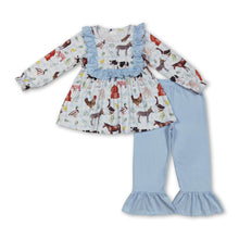 Load image into Gallery viewer, Light blue plaid ruffle farm tunic pants girls clothing set