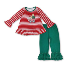 Load image into Gallery viewer, Red stripe dog Christmas tree top pants girls clothing set