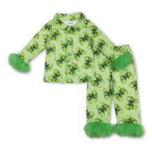 Load image into Gallery viewer, Green face bow plaid girls Christmas button down pajamas