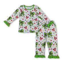 Load image into Gallery viewer, Ruffle long sleeves red green face heart girls Christmas pajamas