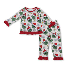Load image into Gallery viewer, Long sleeves ruffle floral green face girls Christmas pajamas