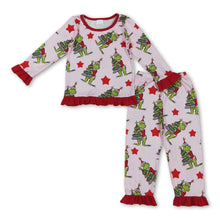 Load image into Gallery viewer, Long sleeves ruffle stars green face girls Christmas pajamas