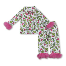 Load image into Gallery viewer, Pink fur green face girls Christmas button down pajamas