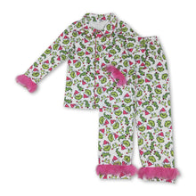 Load image into Gallery viewer, Pink fur green face adult women Christmas button down pajamas