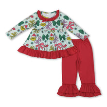 Load image into Gallery viewer, Green face bow tunic ruffle pants girls Christmas outfits