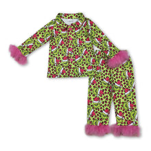 Load image into Gallery viewer, Leopard green face fur girls Christmas button down pajamas
