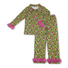 Load image into Gallery viewer, Leopard green face fur adult women Christmas button down pajamas