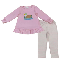 Load image into Gallery viewer, Pink long sleeves duck ruffle top stripe leggings girls clothes