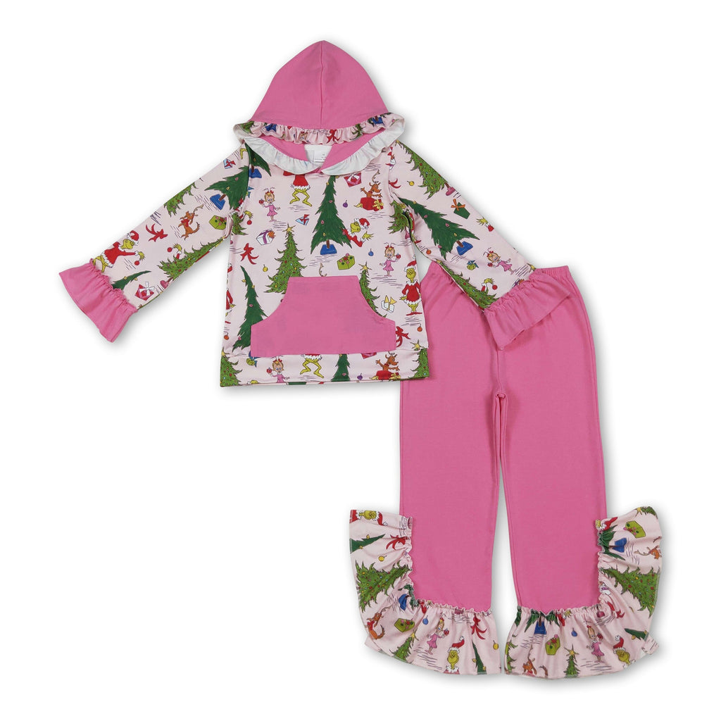 Christmas tree green face hoodie pants girls clothing set