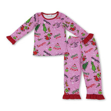 Load image into Gallery viewer, Green face Christmas tree ruffle kids girls pajamas