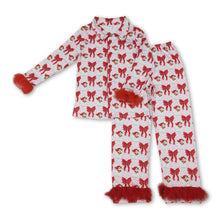 Load image into Gallery viewer, Santa bow fur adult women Christmas button down pajamas