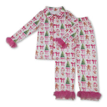 Load image into Gallery viewer, Candy cane bow fur women Christmas button down pajamas