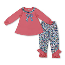 Load image into Gallery viewer, Long sleeves pink floral bow embroidery kids girls clothing