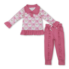 Load image into Gallery viewer, Pink plaid santa bow pullover ruffle pants girls Christmas set