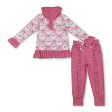 Load image into Gallery viewer, Pink plaid santa bow pullover ruffle pants girls Christmas set