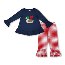 Load image into Gallery viewer, blue valentine duck print red plaid pants girls long sleeve outfits