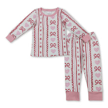 Load image into Gallery viewer, Pink heart bow floral top pants girls Valentine's pajamas