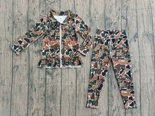 Load image into Gallery viewer, Long sleeves brown camo ruffle top leggings girls yoga set