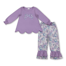 Load image into Gallery viewer, Long sleeves lavender floral bow top ruffle pants girls clothes