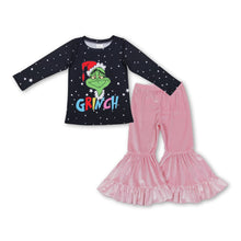 Load image into Gallery viewer, Black green face top pink velvet pants girls Christmas outfits