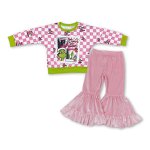 Load image into Gallery viewer, Plaid green face top pink velvet pants girls Christmas outfits