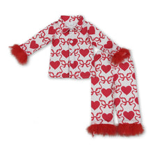 Load image into Gallery viewer, Red fur sleeves heart bow girls Valentine's pajamas