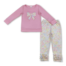 Load image into Gallery viewer, Pink long sleeves floral bow top leggings girls clothing set