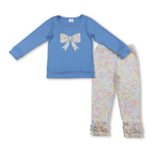 Load image into Gallery viewer, Blue long sleeves floral bow top leggings girls clothing set