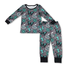 Load image into Gallery viewer, Long sleeves turquoise butterfly western girls pajamas