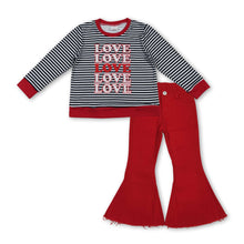 Load image into Gallery viewer, Love stripe top red jeans girls Valentine's clothing set
