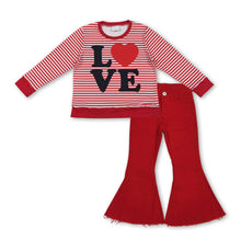 Load image into Gallery viewer, Love heart stripe top red jeans girls Valentine's clothing