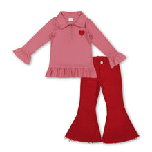 Load image into Gallery viewer, Red heart embroidery pullover jeans girls Valentine's set