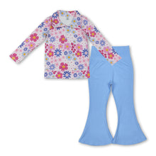Load image into Gallery viewer, Floral zipper pullover blue pants girls active yoga set
