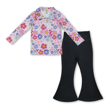 Load image into Gallery viewer, Floral zipper pullover black pants girls active yoga set