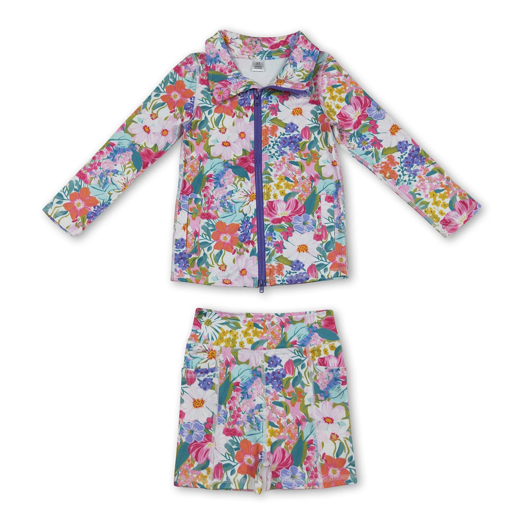 Long sleeves lavender floral top shorts girls activewear set