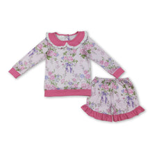 Load image into Gallery viewer, Pink long sleeves floral top ruffle shorts girls outfits