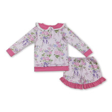 Load image into Gallery viewer, Pink long sleeves floral top ruffle shorts girls outfits