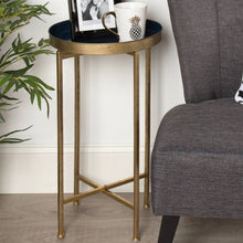 Load image into Gallery viewer, Gold Finish Metal Round End Table Nightstand with  Removable Navy Blue Tray Top