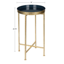 Load image into Gallery viewer, Gold Finish Metal Round End Table Nightstand with  Removable Navy Blue Tray Top