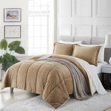 Load image into Gallery viewer, Queen Plush Microfiber Reversible Comforter Set in Gold
