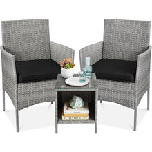 Load image into Gallery viewer, 3-Piece Grey PE Wicker Outdoor Patio Furniture Dining Set with Black Cushions