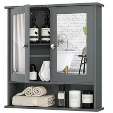 Load image into Gallery viewer, Grey Wood Bathroom Wall / Medicine Cabinet with Mirrored Doors and Shelf