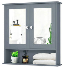 Load image into Gallery viewer, Grey Wood Bathroom Wall / Medicine Cabinet with Mirrored Doors and Shelf