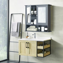 Load image into Gallery viewer, Grey Wood Bathroom Wall / Medicine Cabinet with Mirrored Doors and Shelf