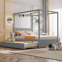Load image into Gallery viewer, Gray Full Size Canopy Platform Bed with Twin Roller Trundle Bed